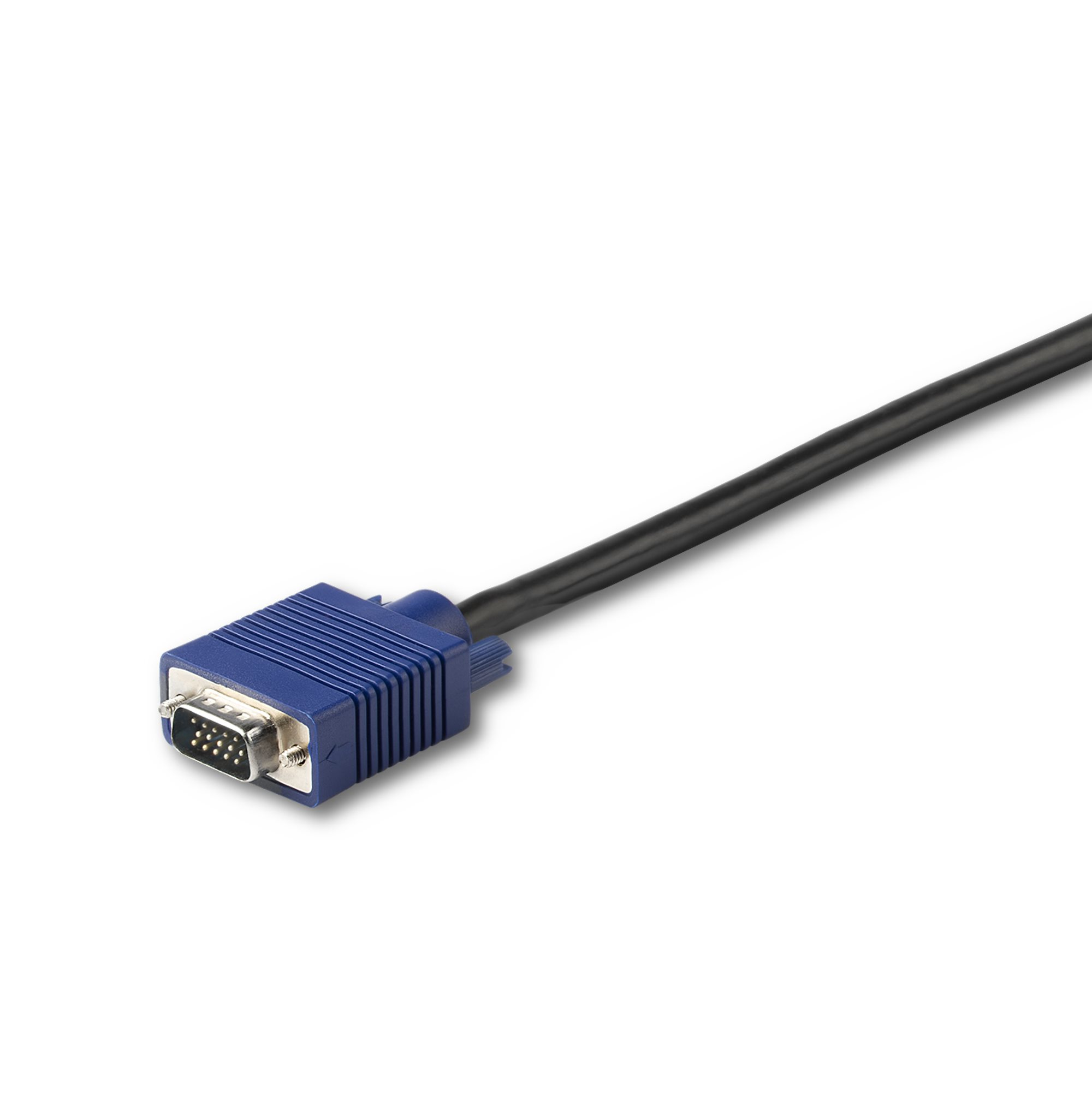 Ein blauer VGA-Anschluss mit schwarzem Kabel vor weißem Hintergrund.