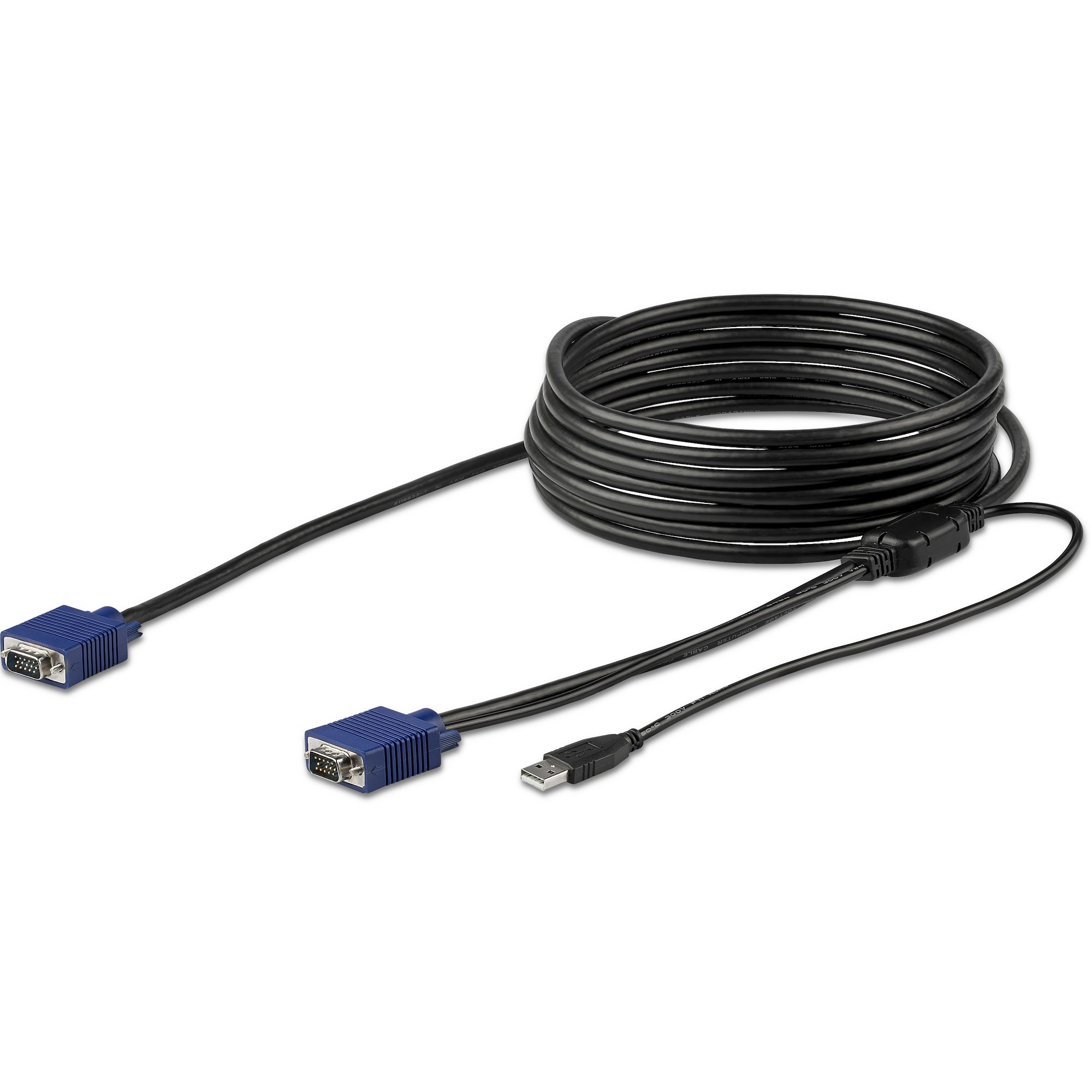 Ein schwarzes VGA- und USB-Kabel ist aufgerollt. Zwei VGA-Anschlüsse und ein USB-Anschluss sind sichtbar.