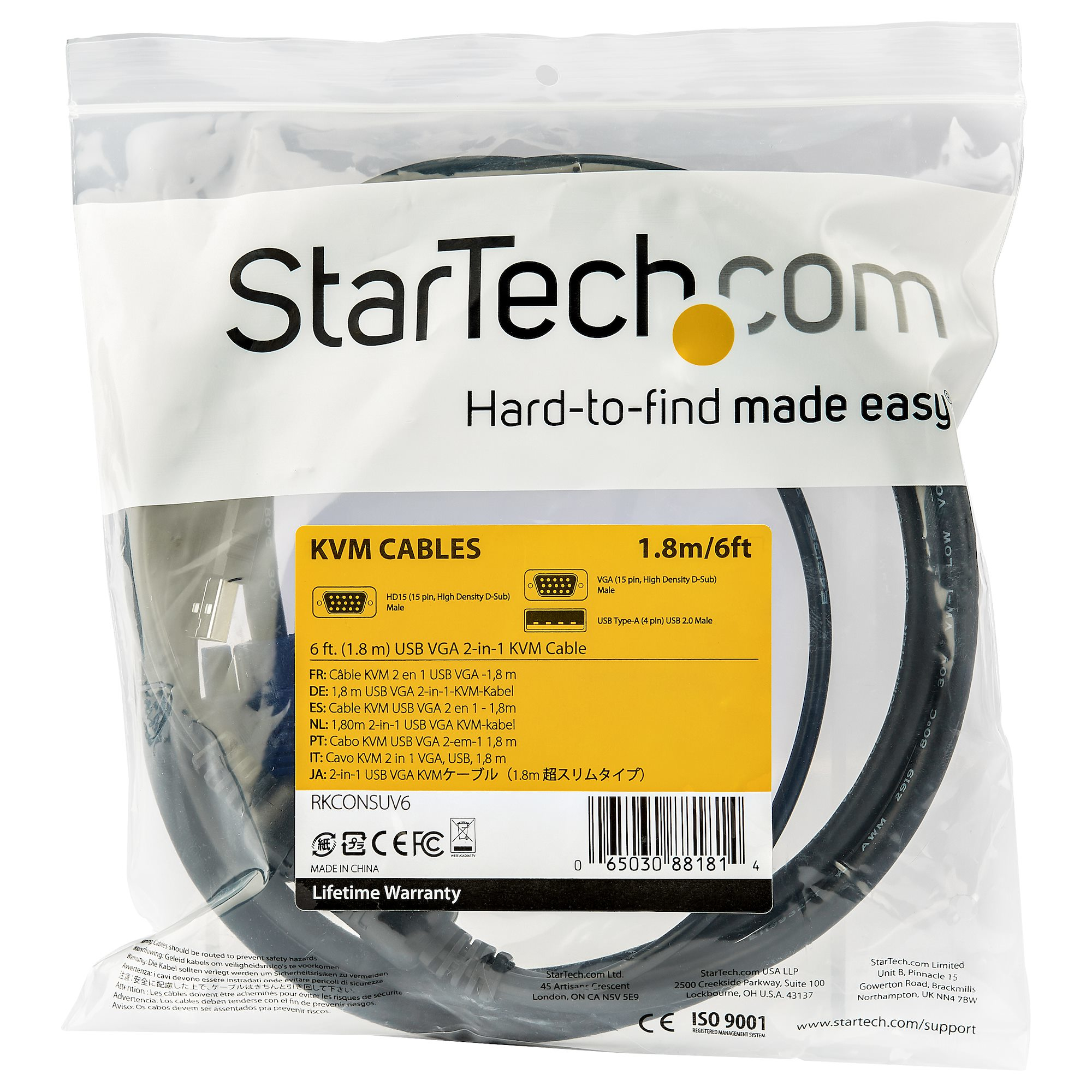 Eine transparente Plastikverpackung mit einem schwarzen KVM-Kabel. Die Verpackung hat das StarTech.com-Logo und Produktinformationen.