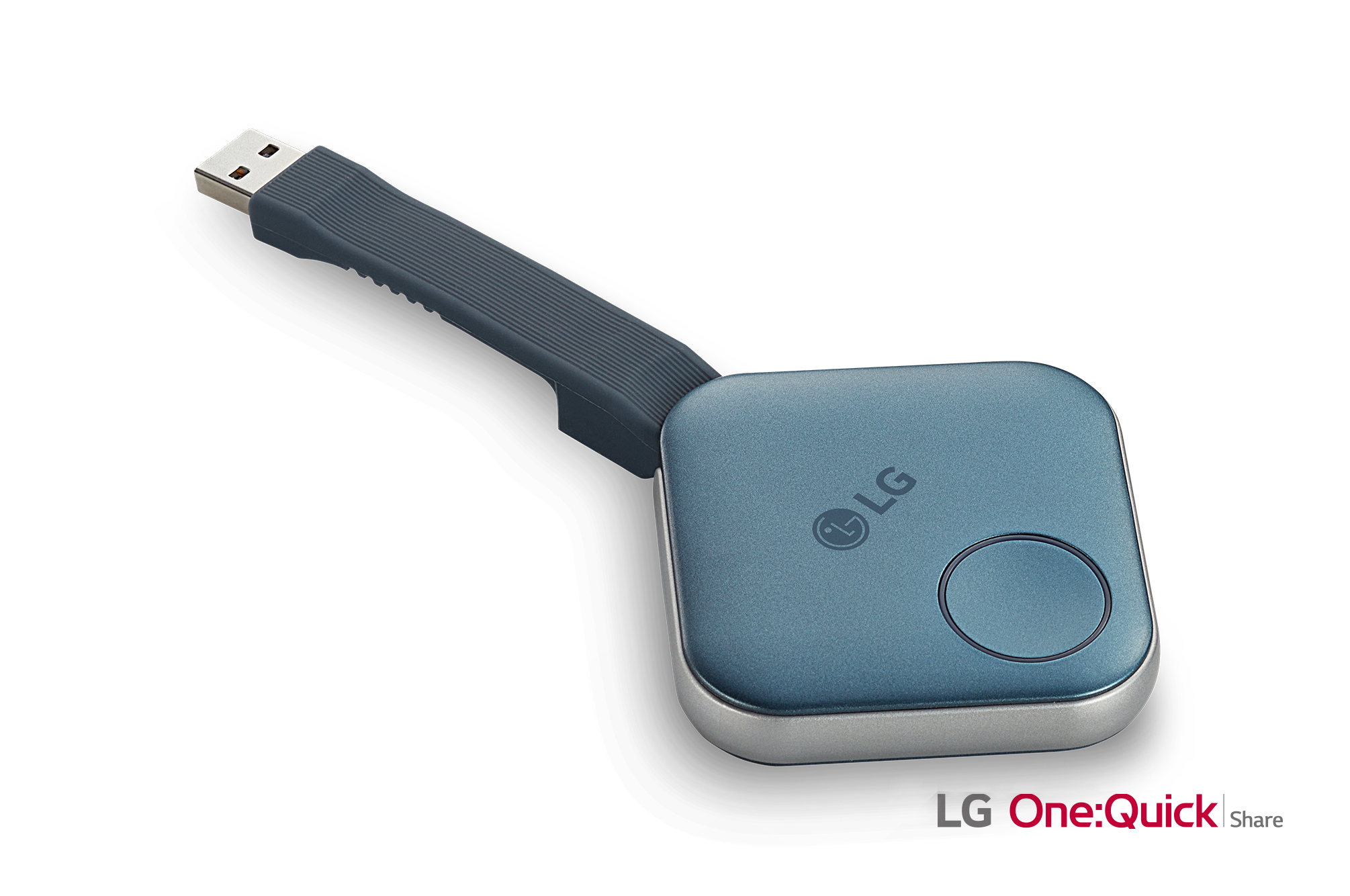 Ein blaues LG One:Quick Share Gerät mit USB-Anschluss. Das Gerät hat eine Taste und das LG-Logo. Weißer Hintergrund.