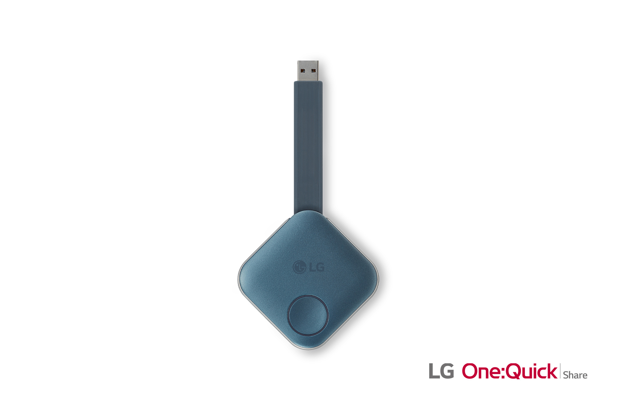 Ein blaues LG One:Quick Share-Gerät mit USB-Anschluss, quadratischem Gehäuse und einer Taste. Es liegt auf weißem Grund.