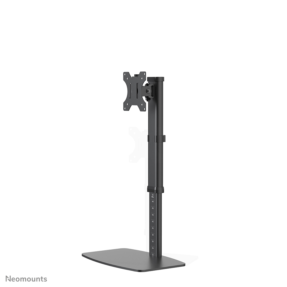 Black monitor stand. A rectangular base supports a vertical pole with adjustable height and a monitor mount at the top.