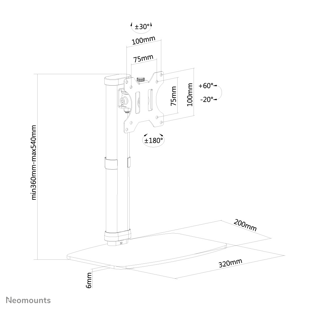 Diagram van een monitorbevestiging met afmetingen. Het toont een basis, een verticale paal en een beugel. Afmetingen staan in millimeters.