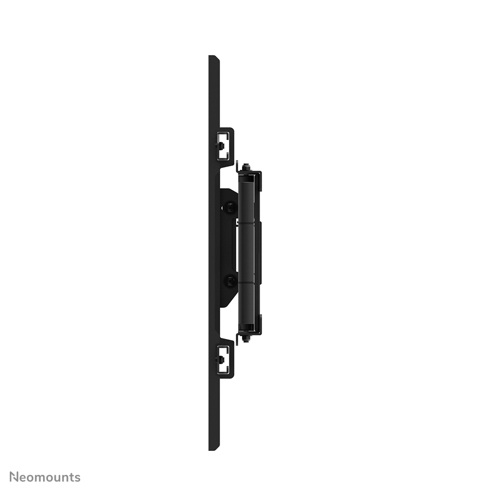 Een zwarte tv-beugel, zijaanzicht, tegen een witte achtergrond. Het heeft beugels en een zwenkarm, ontworpen om een flatscreen tv vast te houden.