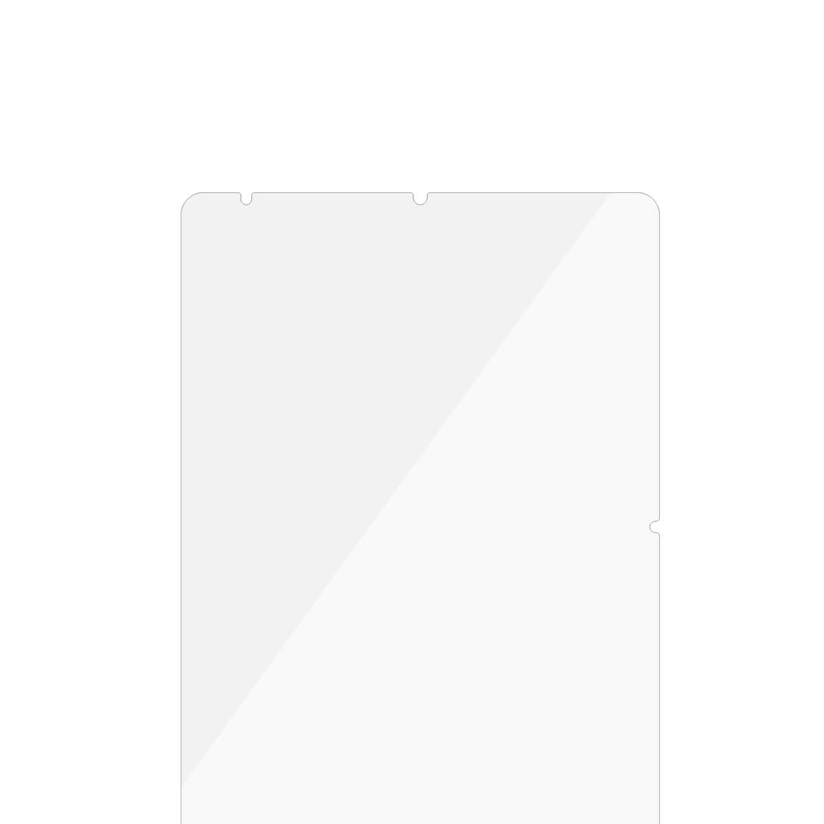 Eine klare Displayschutzfolie für ein Tablet. Sie ist rechteckig mit abgerundeten Ecken und zwei kleinen Aussparungen oben.