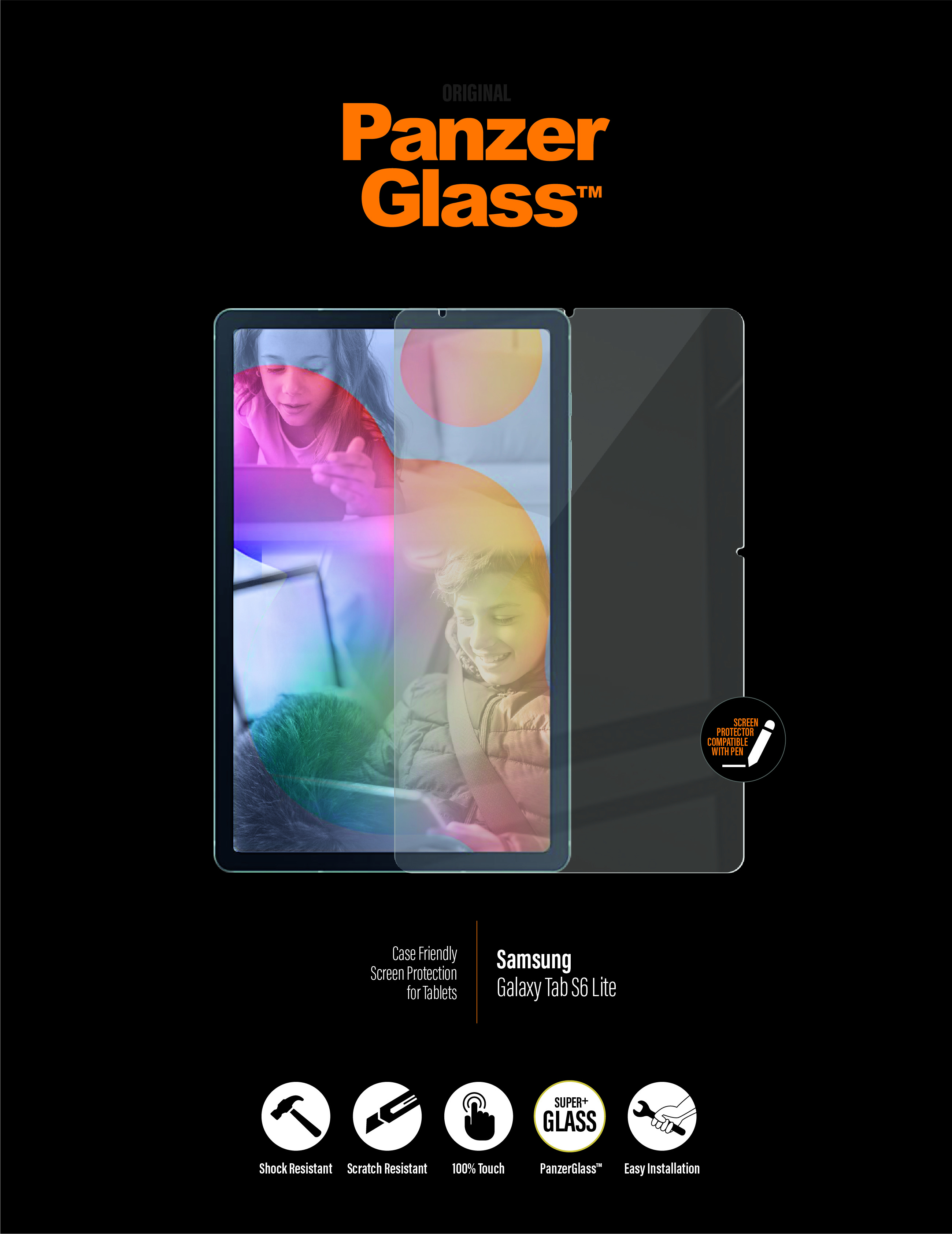 Das Bild zeigt den PanzerGlass-Displayschutz für das Samsung Galaxy Tab S6 Lite. Schwarzer Hintergrund, Glas und Kinder sind sichtbar.
