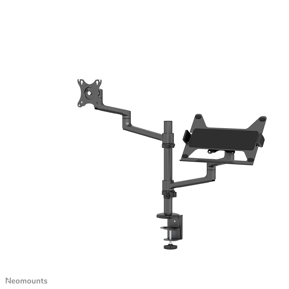 Dark gray monitor and laptop arm mount. It has a clamp, multiple joints, and mounting plates for devices.