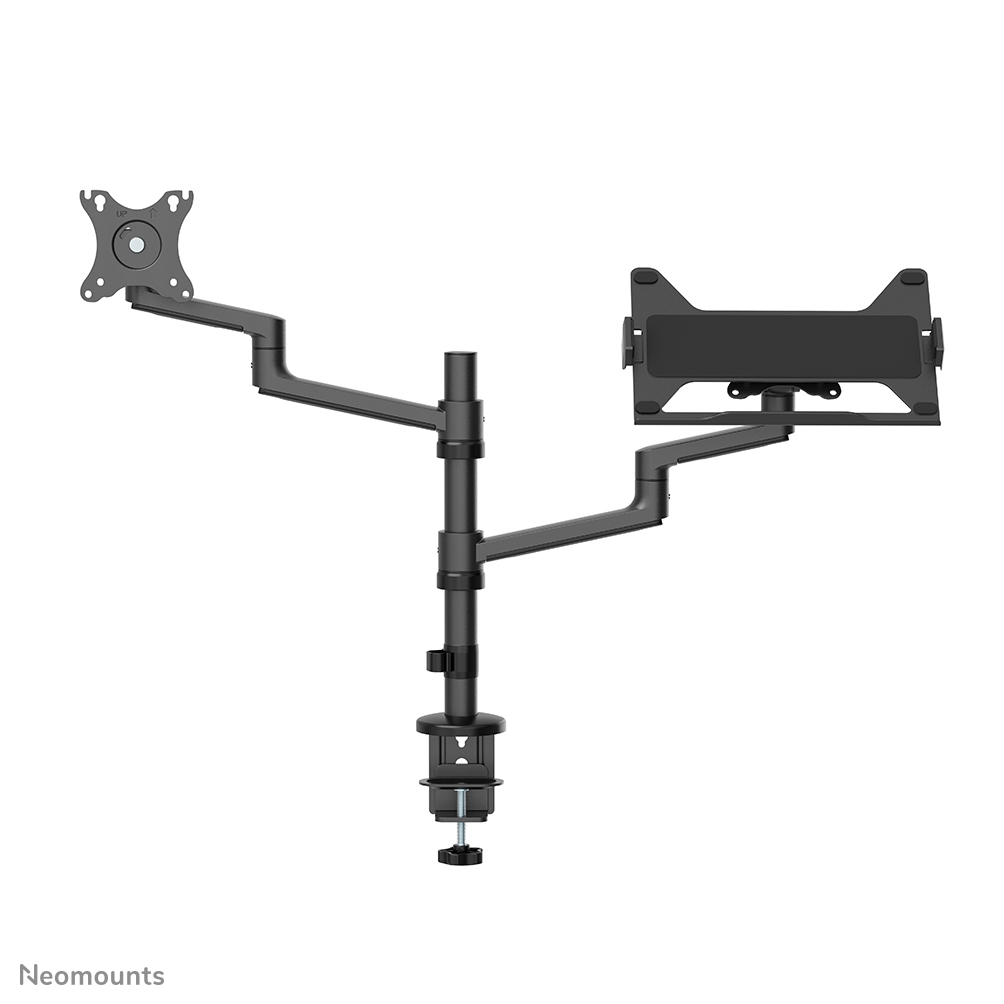 A black monitor arm with two articulated sections, a tablet holder, and a desk clamp, against a white background.