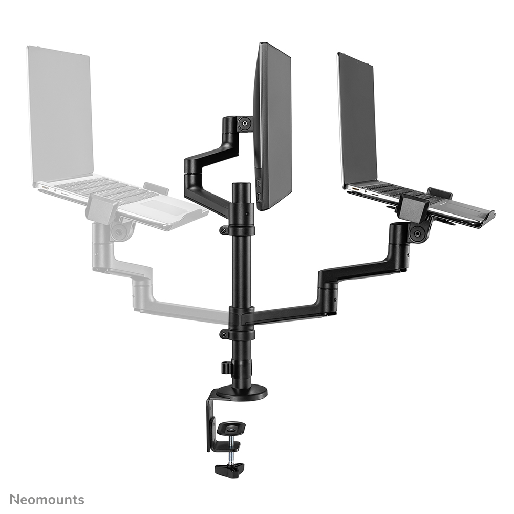 A black monitor and laptop stand with a clamp base. Two laptops and a monitor are mounted on the stand.