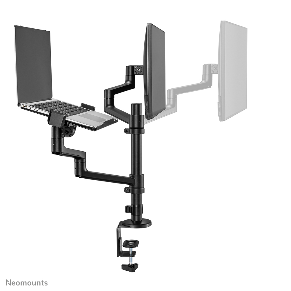 Black monitor mount with laptop stand. Monitor and laptop are in place. Another monitor is ghosted in the background.