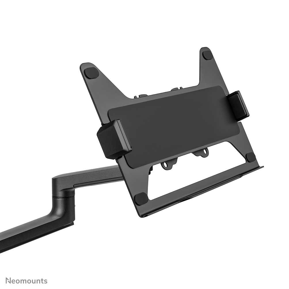 A black tablet holder with an arm, attached to a white background. The holder has rubber pads and a rectangular center.