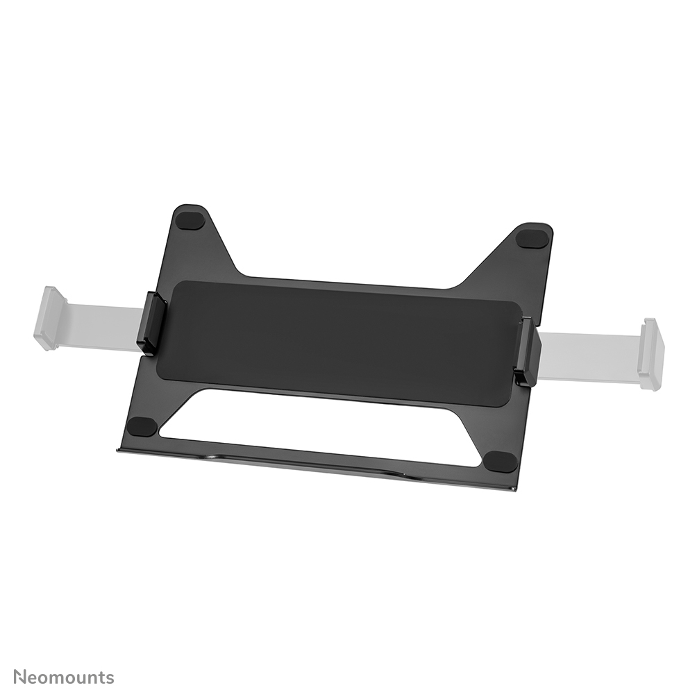 A black metal laptop stand with two white support arms extending outward. The stand has a rectangular center and angled sides.