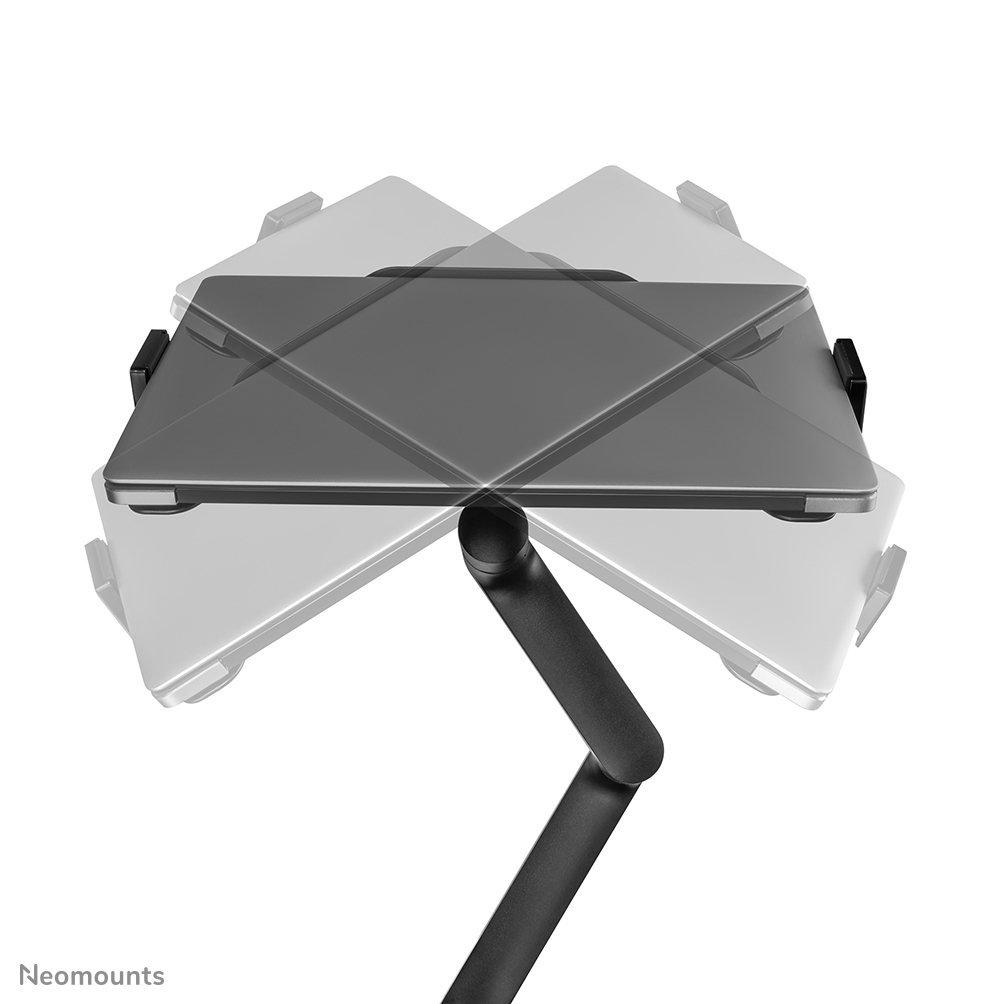 A laptop on a black adjustable stand. The laptop is gray. The background is white. The stand is positioned at an angle.