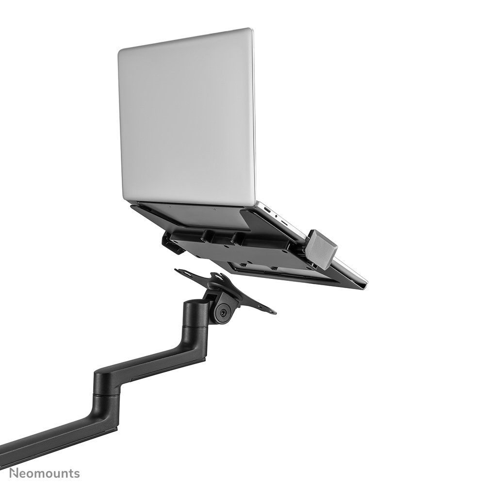 A laptop is mounted on a black arm stand. The laptop is silver, and the stand is black with a modern design against a white backdrop.