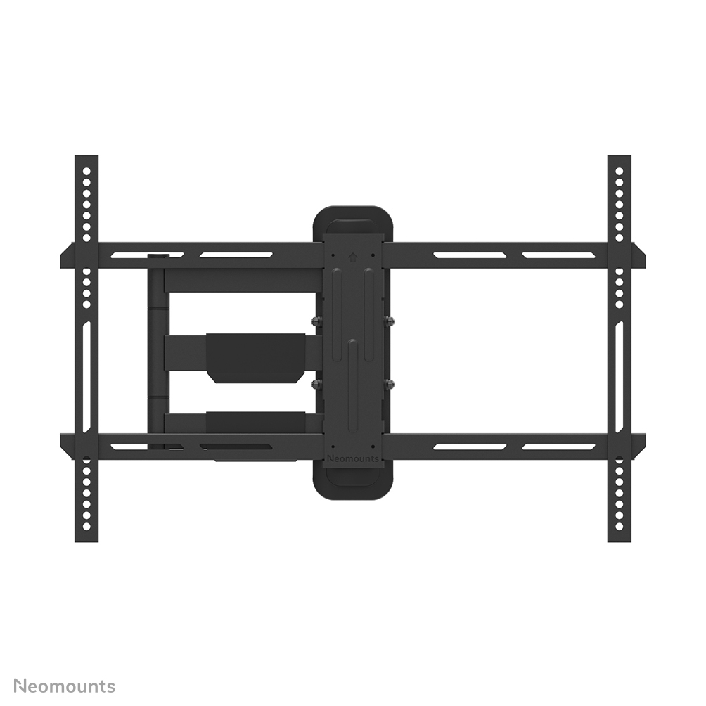 Eine schwarze Neomounts TV-Wandhalterung. Sie hat mehrere verstellbare Arme und Halterungen mit mehreren Löchern.