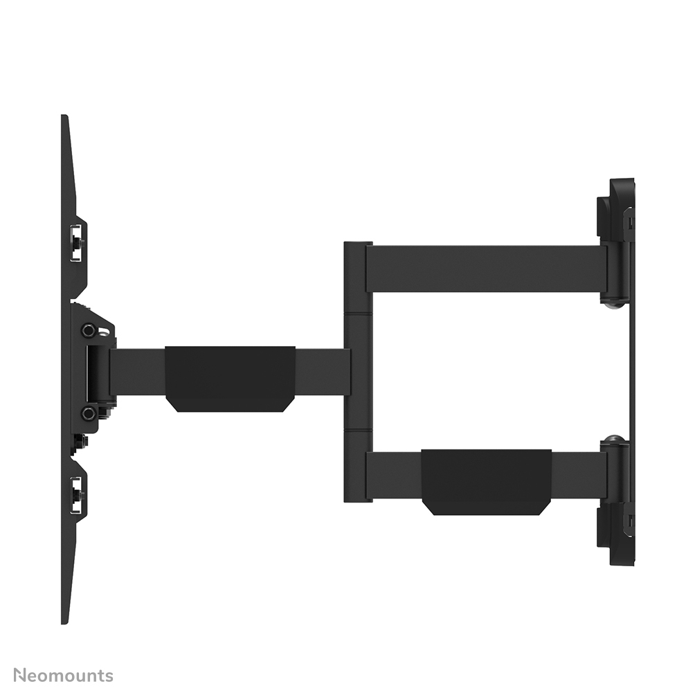 Schwarze TV-Wandhalterung, mit Gelenkarm. Rechteckige Form und Schwenkarm zum Einstellen der TV-Position.