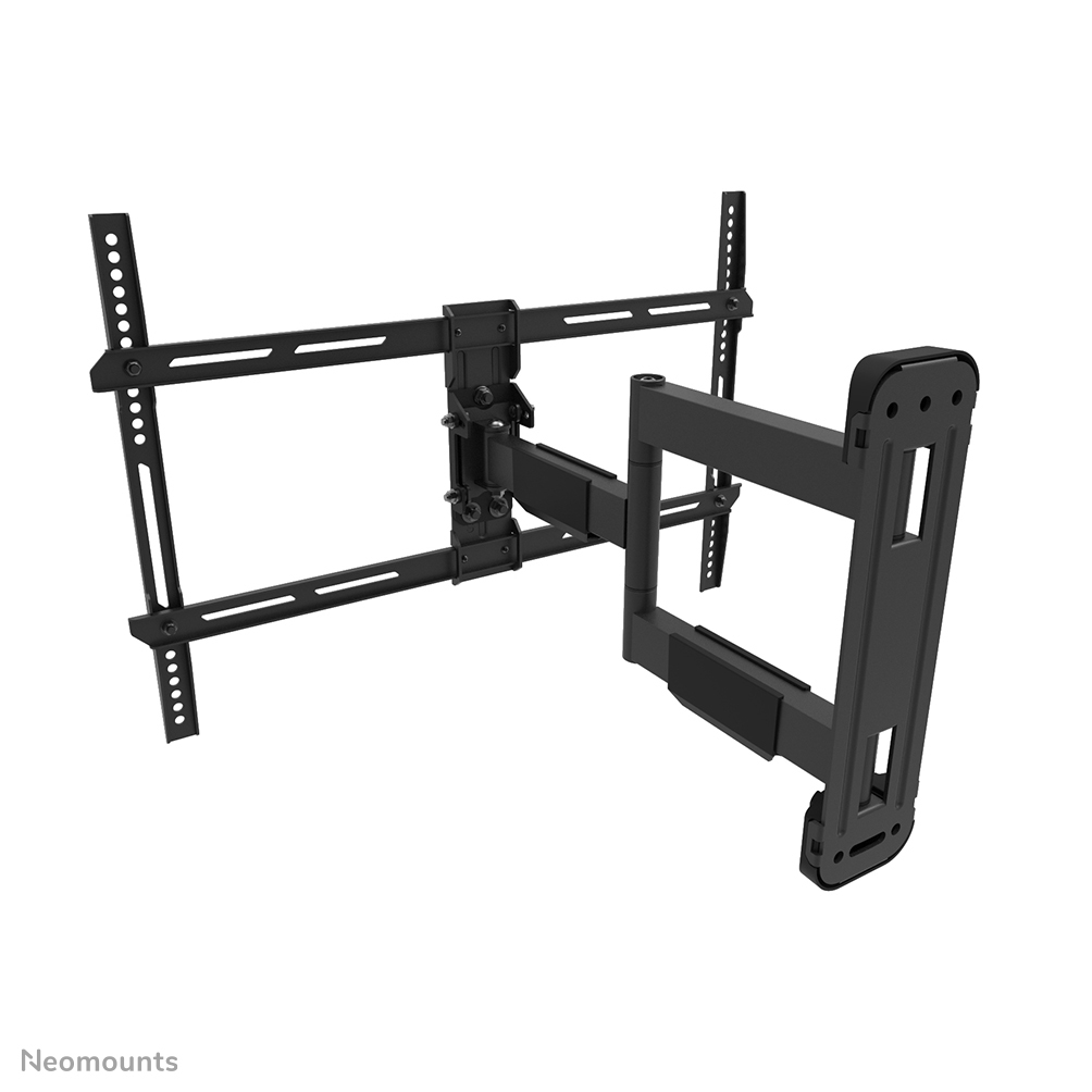 Schwarze TV-Wandhalterung. Sie hat mehrere verstellbare Arme und Montageplatten für verschiedene TV-Größen.