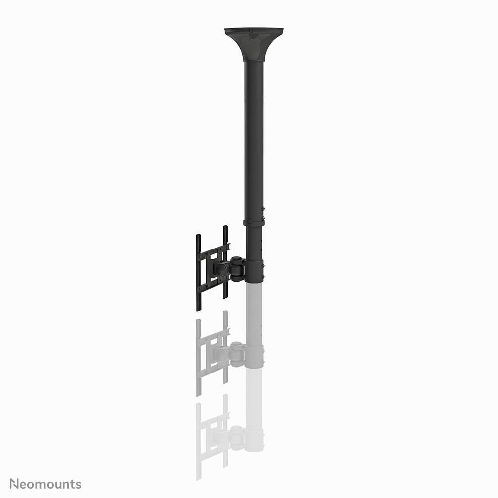 Eine schwarze Deckenhalterung für einen Fernseher, bestehend aus einer Stange mit Halterung und Spiegelbild.