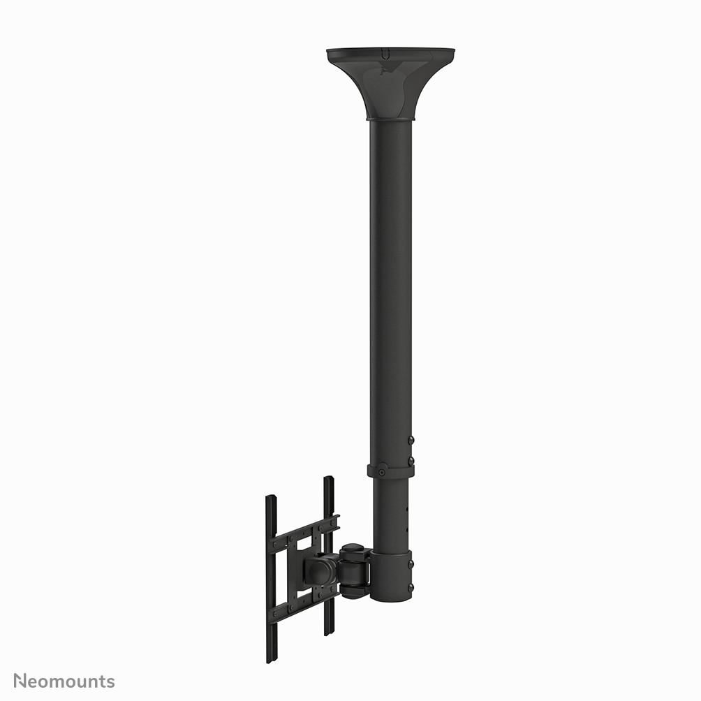 Eine schwarze Deckenhalterung für einen Fernseher. Sie hat eine Deckenplatte, eine lange Stange und eine Halterung für den Fernseher.