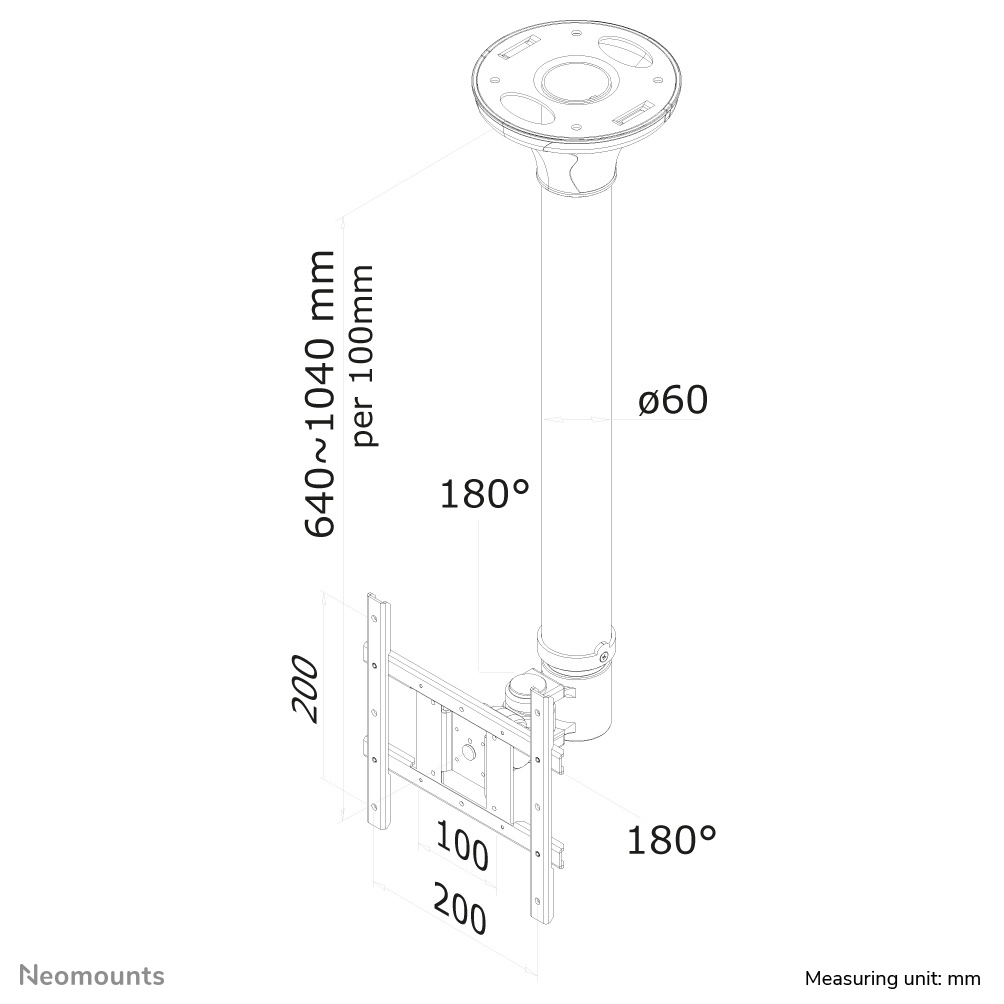 Diagramm einer Deckenhalterung mit Maßangaben in Millimetern, einschließlich einer Stange, einer Halterung und einer verstellbaren Halterung.