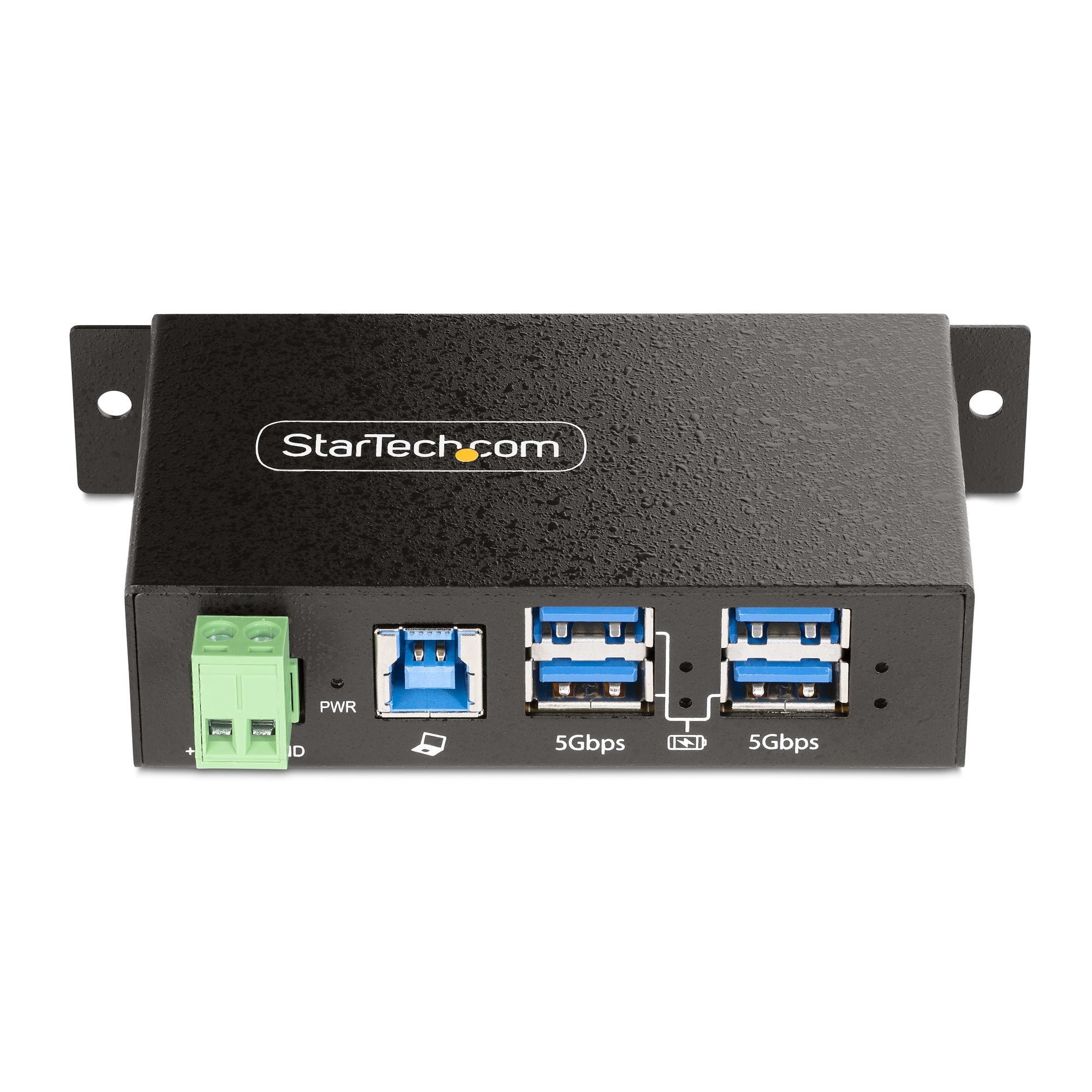Concentrador USB negro con el logotipo de StarTech.com. Cuenta con puertos USB, conector verde y orificios de montaje.