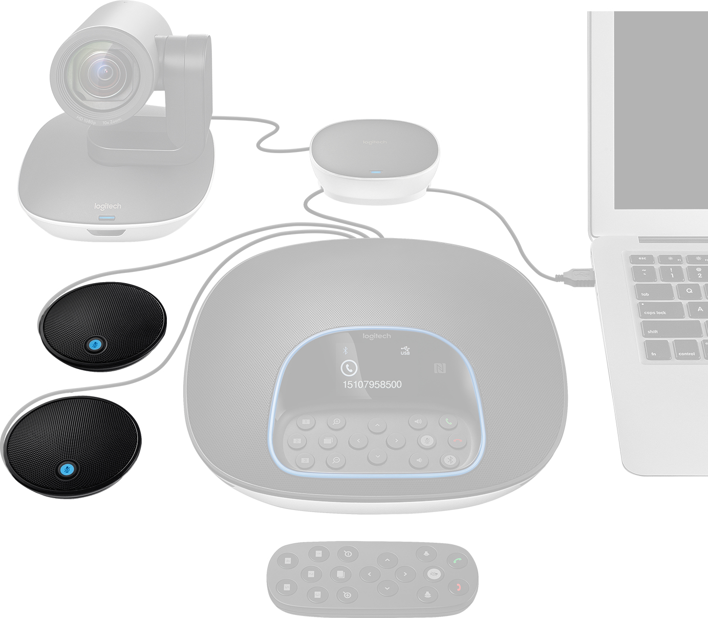 Una configuración de videoconferencia de Logitech. Incluye una cámara, altavoz, dos micrófonos, un mando a distancia y un portátil.