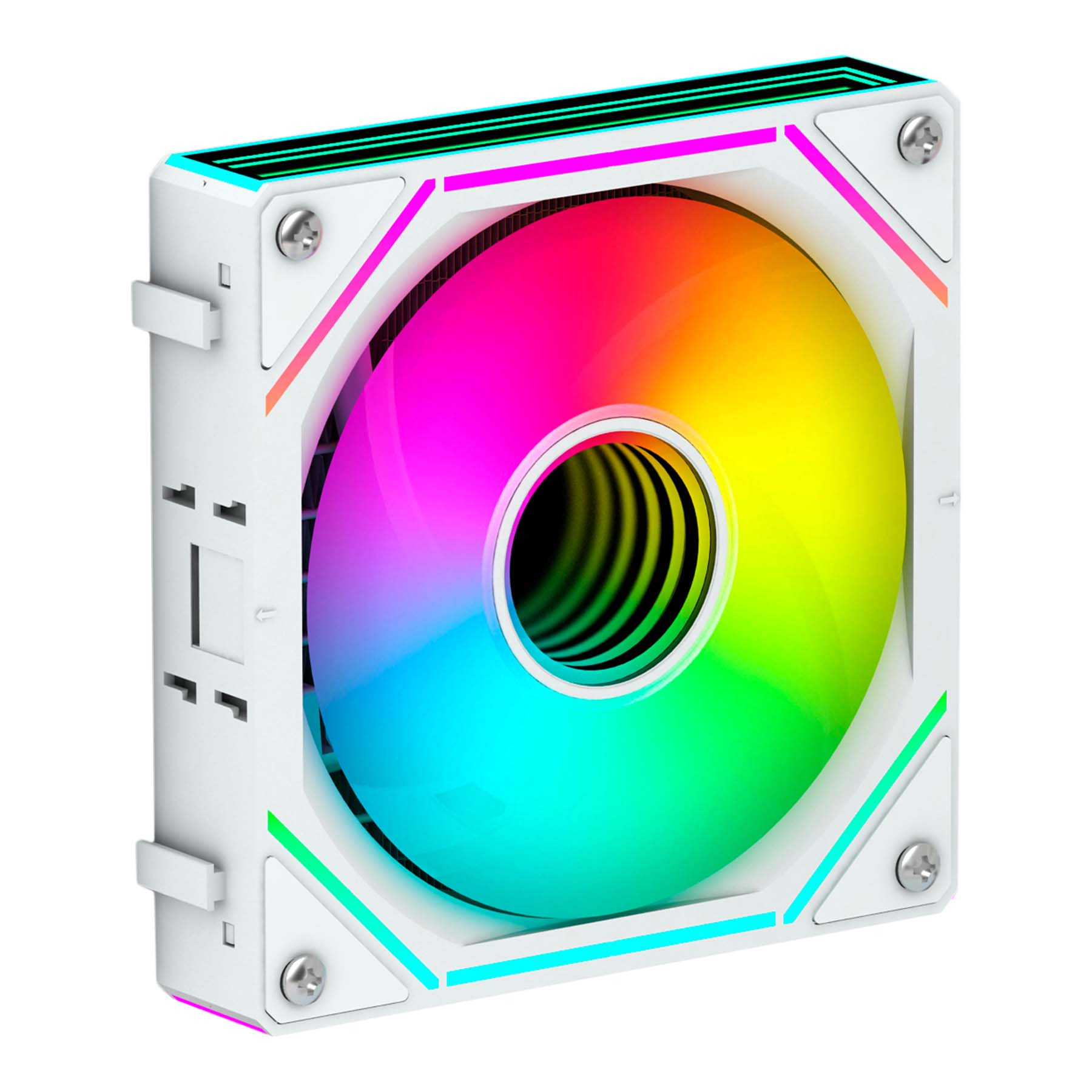 Un ventilador de computadora blanco con un centro de color arcoíris y luces LED alrededor del marco. El centro tiene un agujero negro.