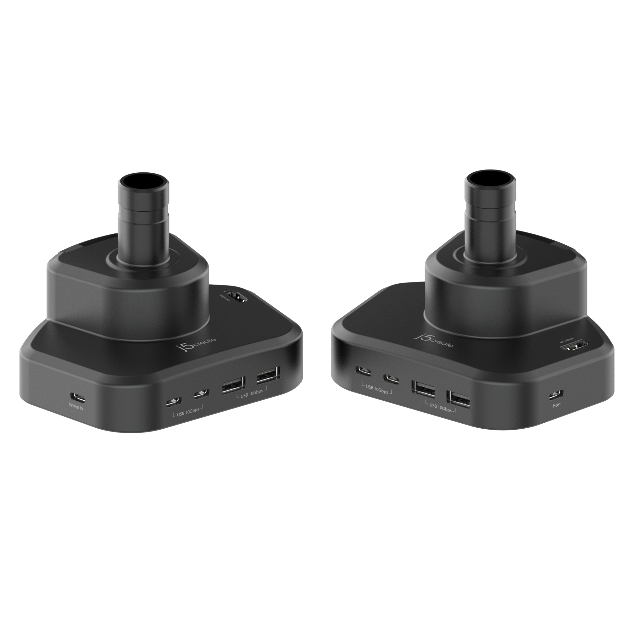 Due docking station nere con porte USB, ingresso di alimentazione e struttura cilindrica verticale.