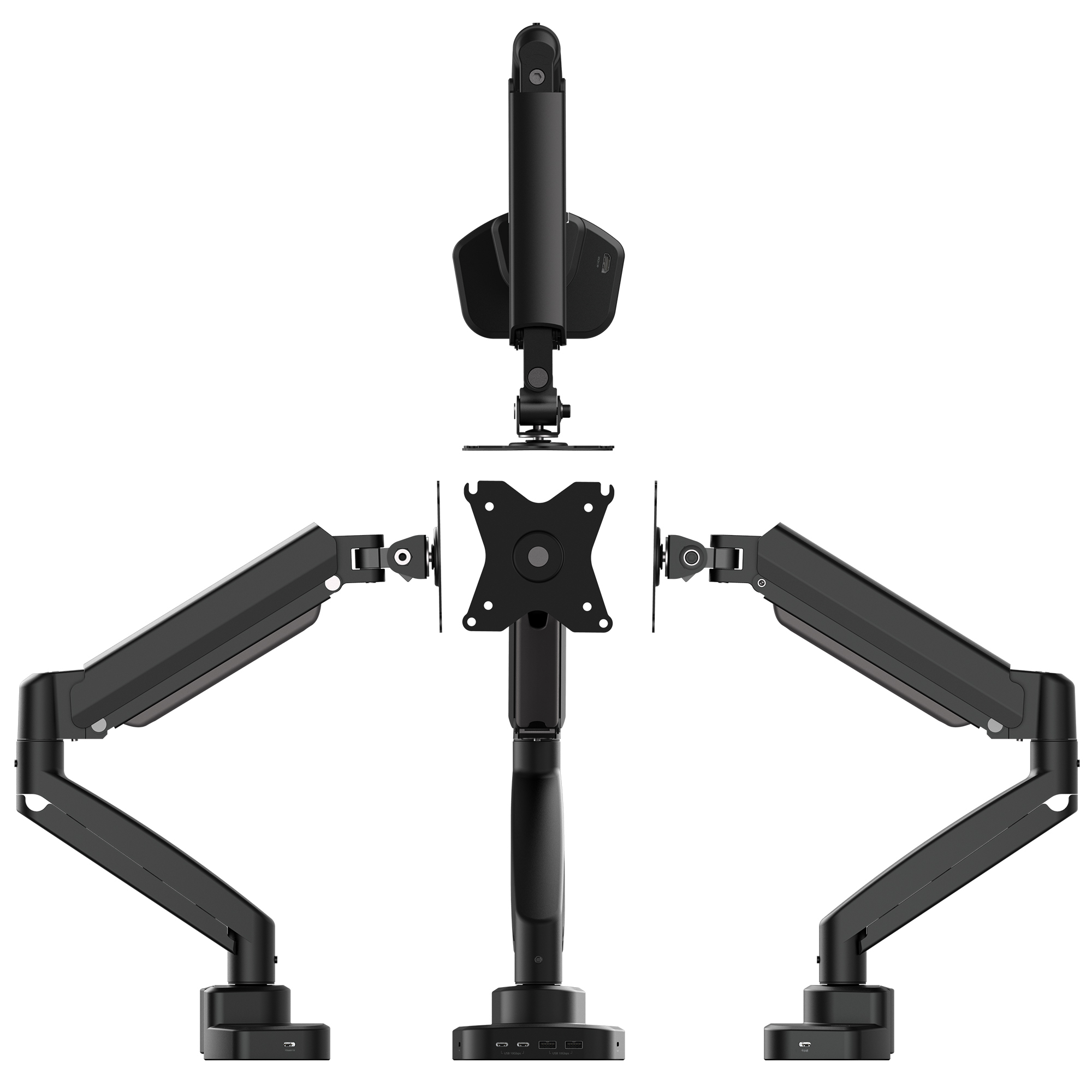 Supporto per monitor nero, con più bracci articolati e una colonna di supporto centrale, su sfondo bianco.
