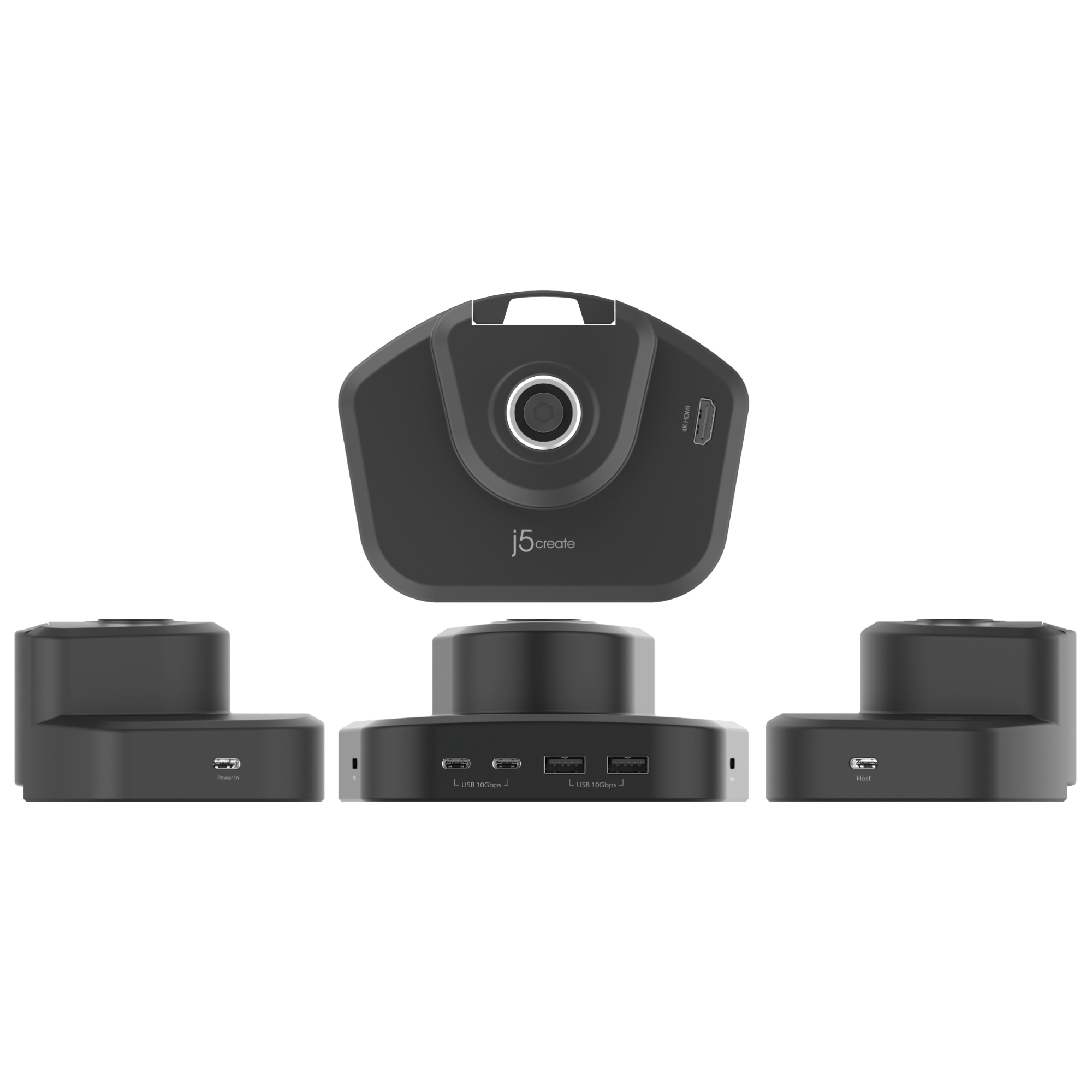Una docking station nera con più porte, tra cui USB e HDMI, e due supporti laterali. Il marchio è j5create.