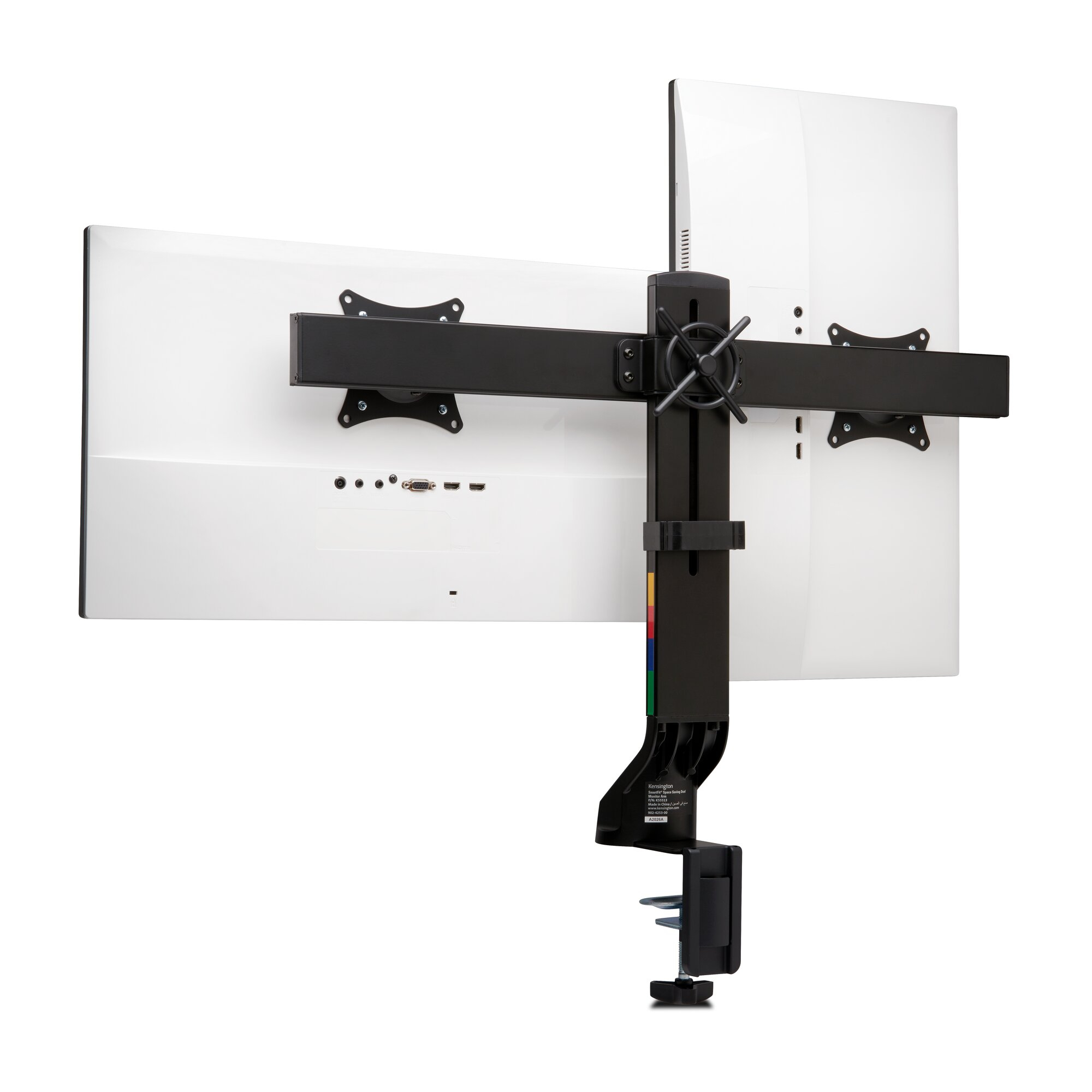 Monitor arm holding two white monitors. Black support structure and clamp. White background.