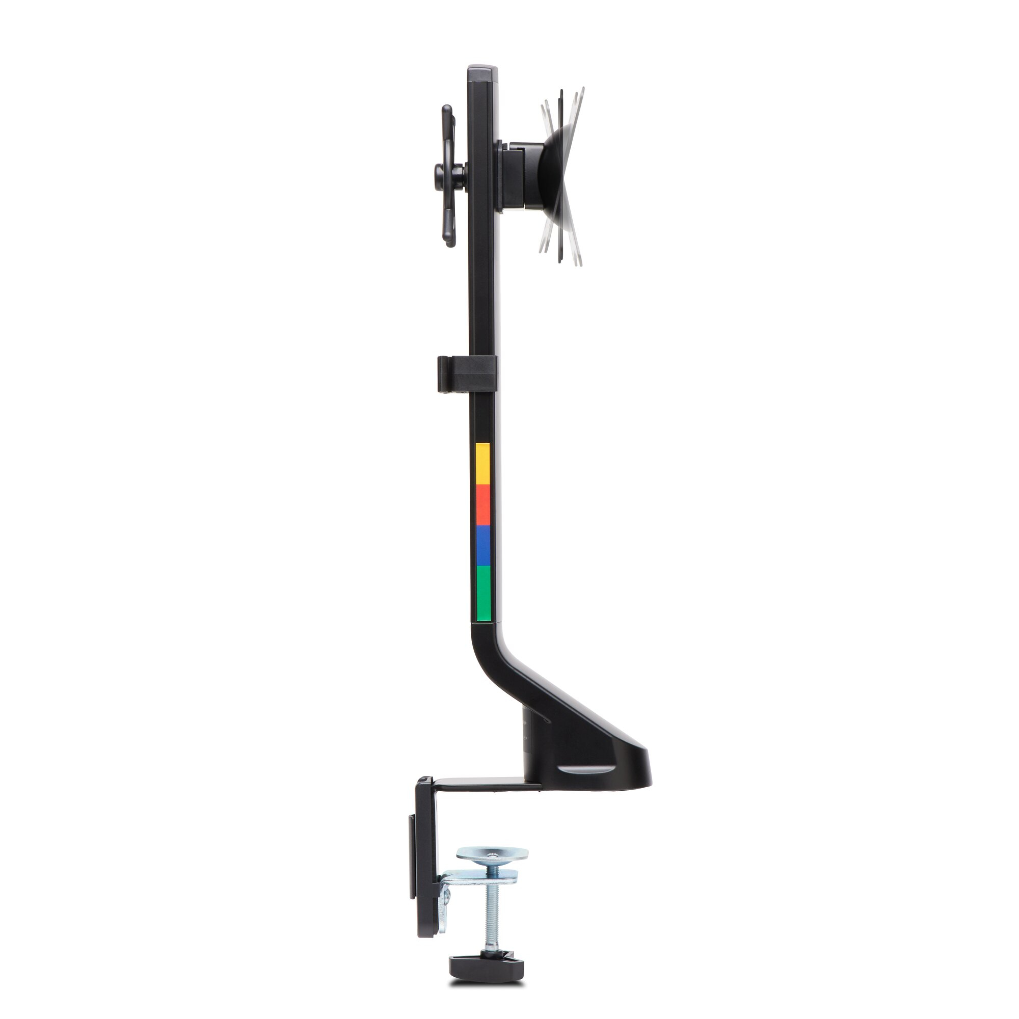 A black monitor stand with a colorful stripe. It is mounted to a white surface. The stand has a clamp.