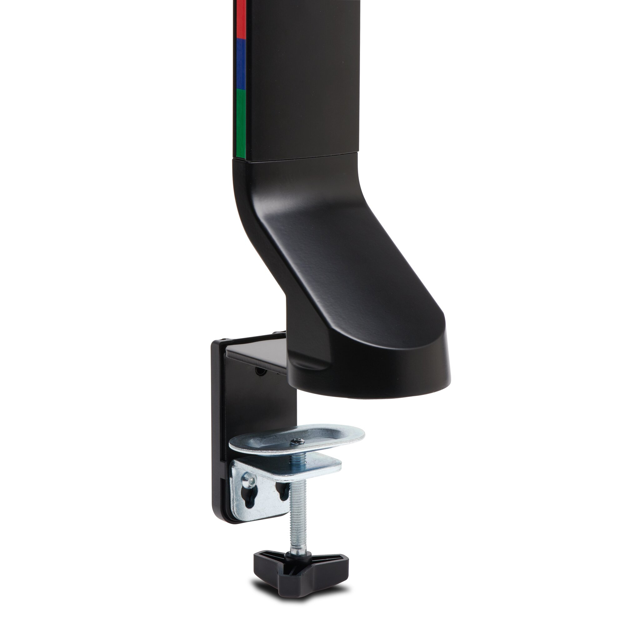 Black monitor arm clamp with red, blue, and green stripes. Features a screw and a black knob.