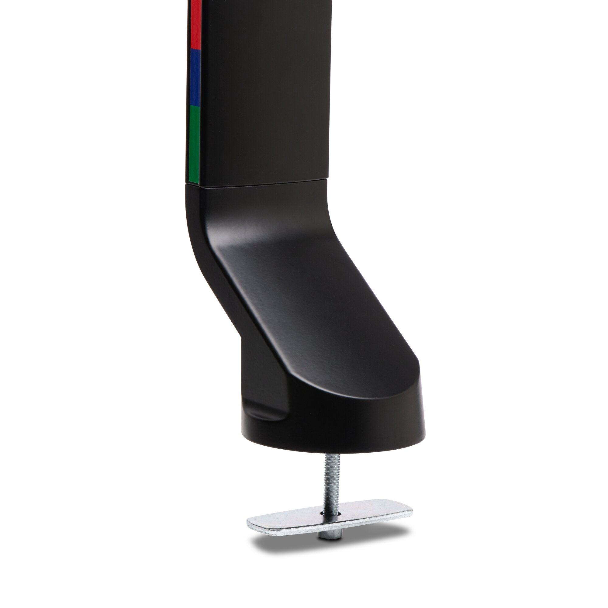 Black metal bracket with red, blue, green stripes, and a silver screw. White background.