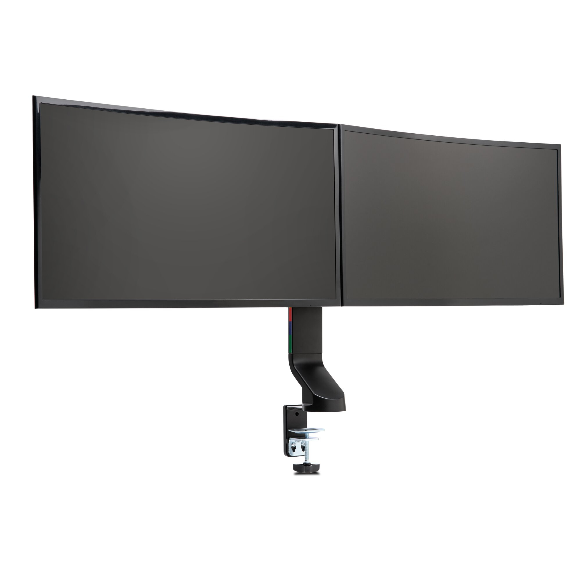 Two curved computer monitors mounted on a black stand. White background.