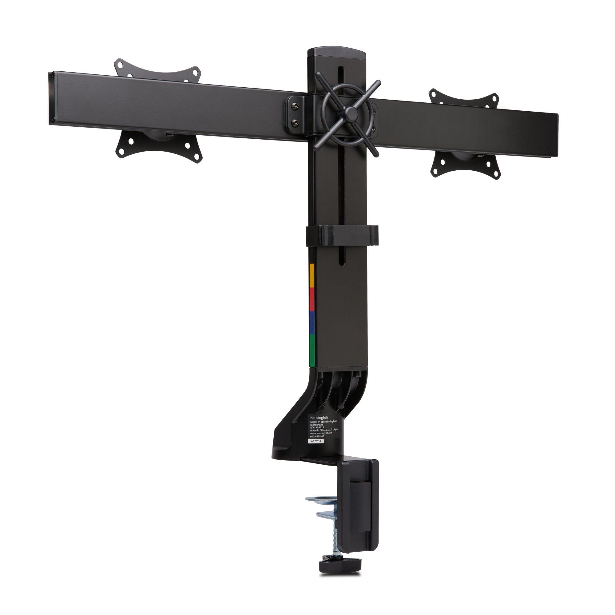 A black dual monitor arm. It has a clamp, vertical support, and horizontal arms for mounting monitors.
