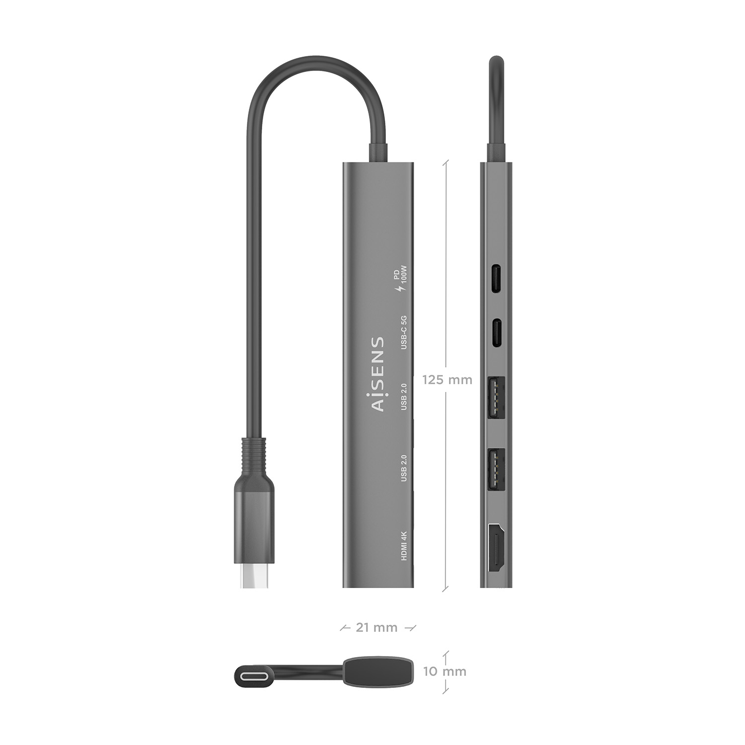 Un hub USB grigio con varie porte, tra cui HDMI e USB, con dimensioni indicate. Ha un cavo USB-C collegato.