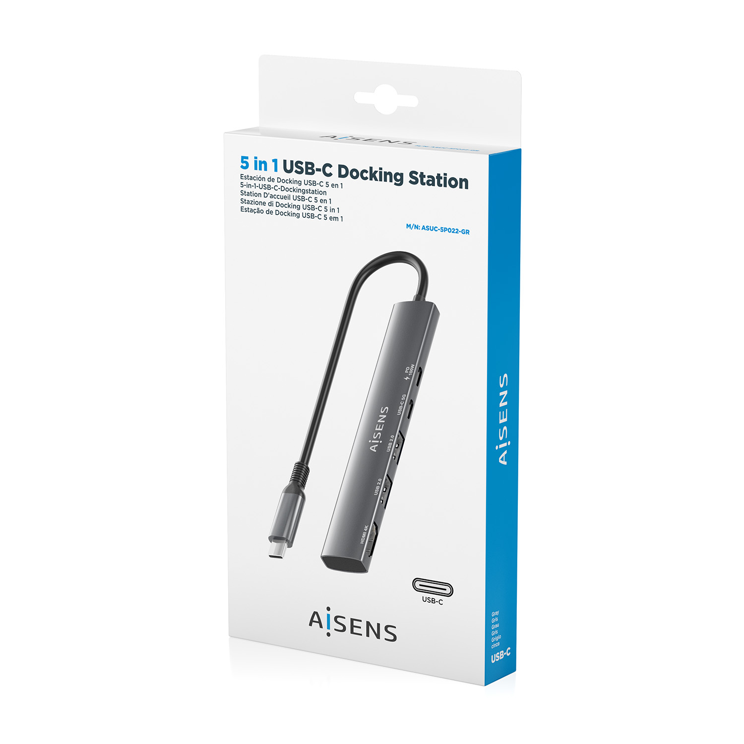Una confezione mostra una docking station USB-C 5 in 1. Il prodotto è grigio con cavo nero, il marchio è Aisens. La scatola ha dettagli blu.