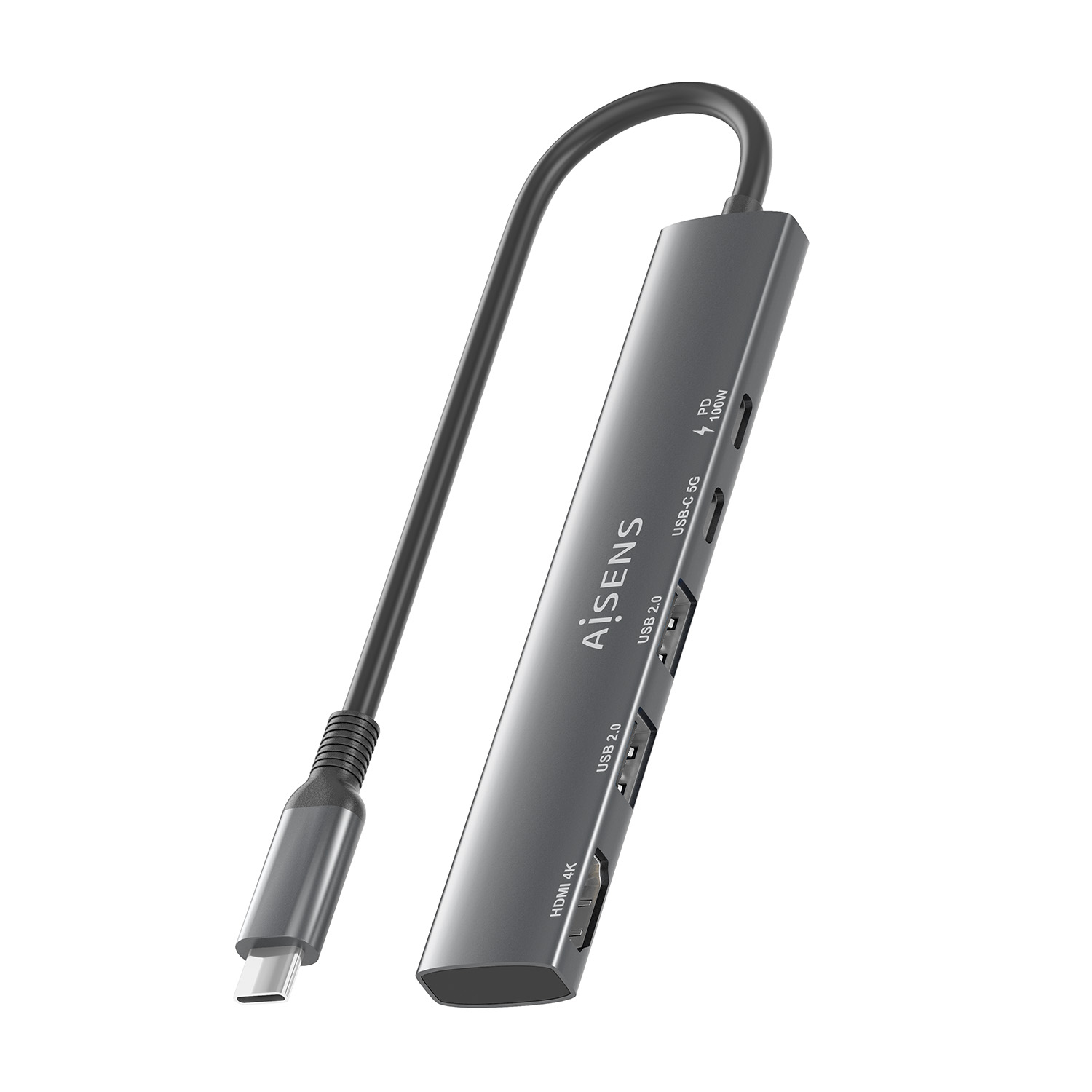 Un hub USB AiSENS grigio con un cavo nero. Ha più porte: HDMI 4K, USB 2.0, USB-C 5G e PD 100W.