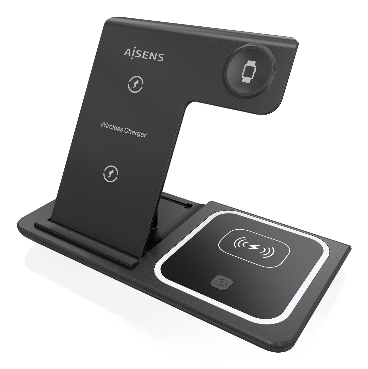 Ein schwarzes kabelloses Ladegerät mit einem Ladebereich für Telefon und Uhr. Es trägt den Markennamen AiSENS und Symbole für kabelloses Laden.