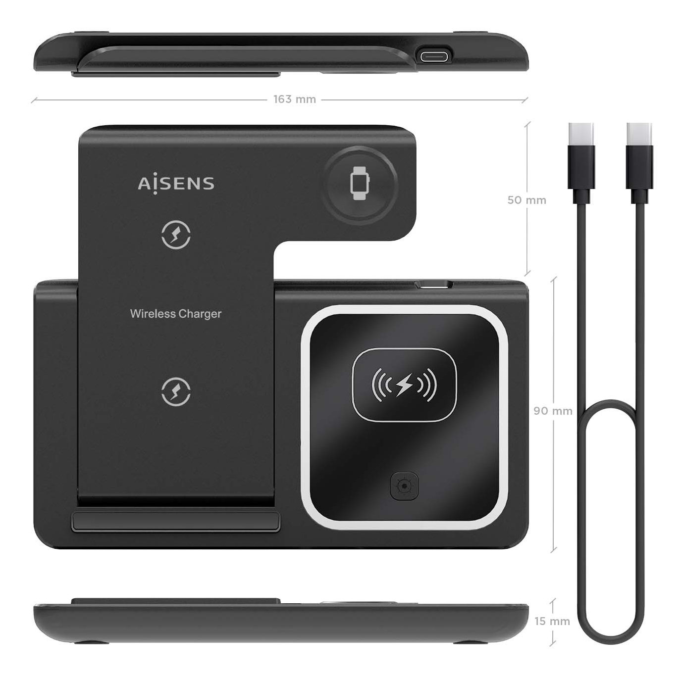 Schwarzes kabelloses Ladegerät mit AİSENS-Logo, Ladesymbolen und Maßangaben. Zwei USB-C-Kabel sind abgebildet.