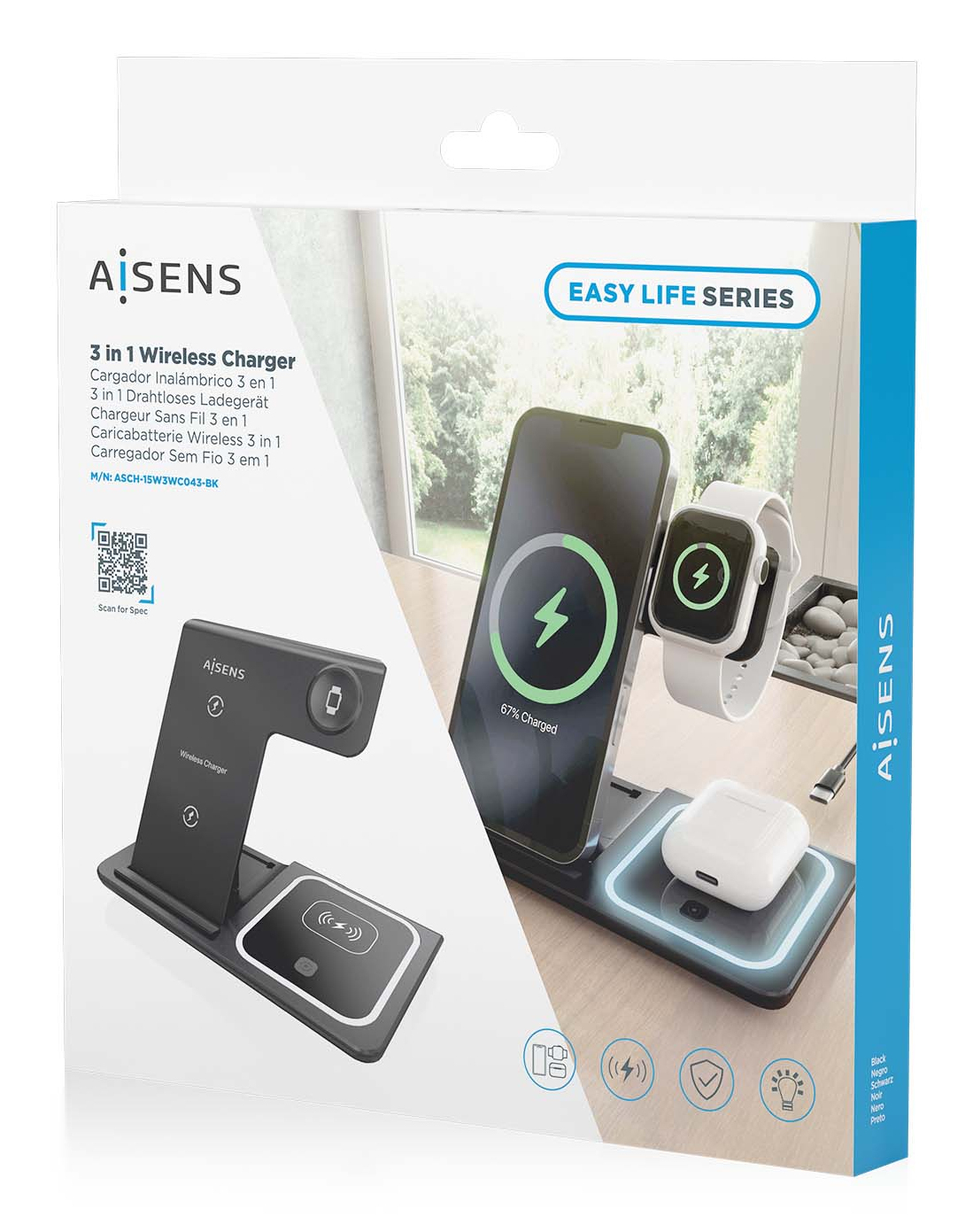Eine Box zeigt ein kabelloses Ladegerät mit Telefon, Uhr und Ohrhörern, die geladen werden. Auf der Box steht 'Easy Life Series' und '3 in 1 Wireless Charger'.