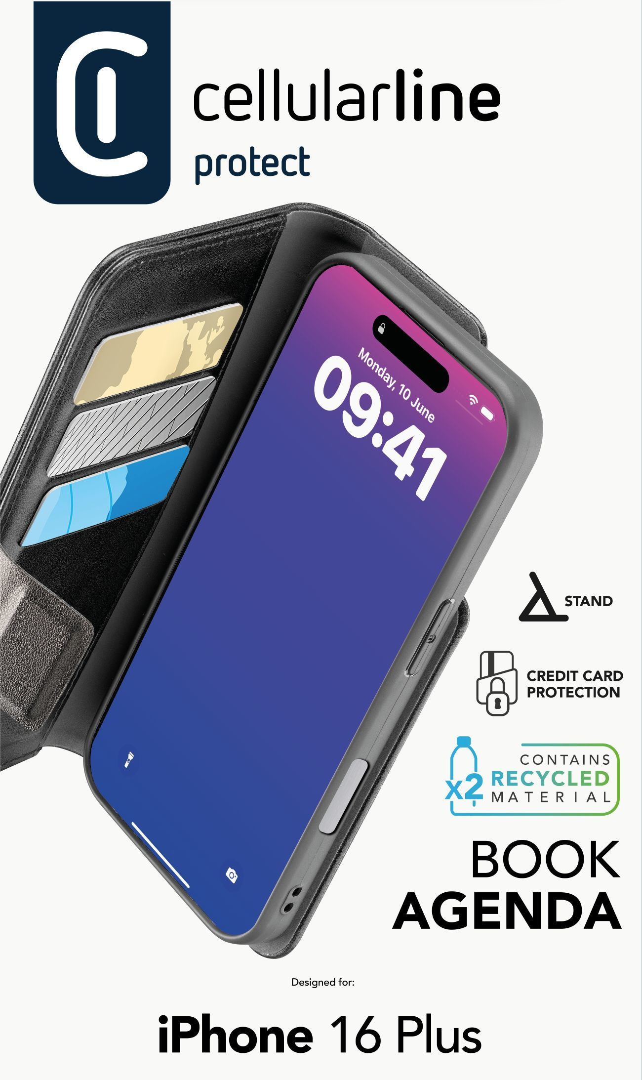 Un teléfono en una funda tipo folio. La pantalla muestra la hora. La funda tiene ranuras para tarjetas. Texto: 'agenda libro' y 'iPhone 16 Plus'.