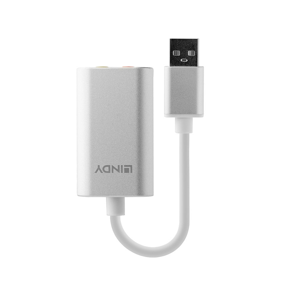 Ein silberner LINDY USB-Audioadapter. Er hat einen USB-Anschluss und zwei Audioanschlüsse. Das Kabel ist weiß und hat eine J-Form.