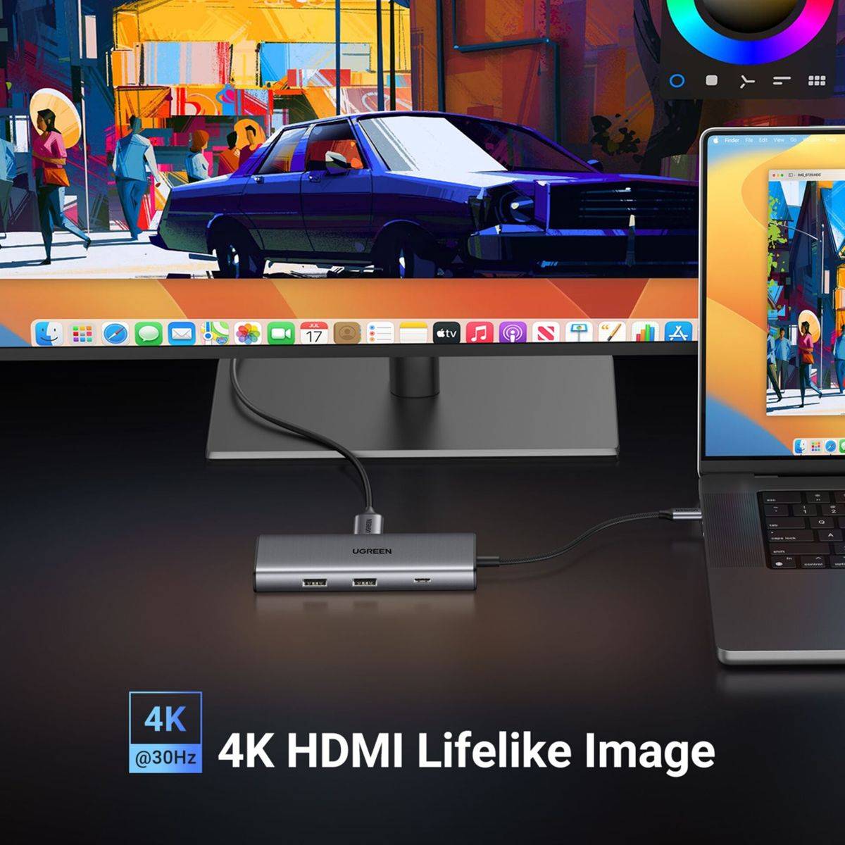 Un monitor mostra un'auto. Laptop e hub USB collegati. Testo: '4K HDMI Lifelike Image'.