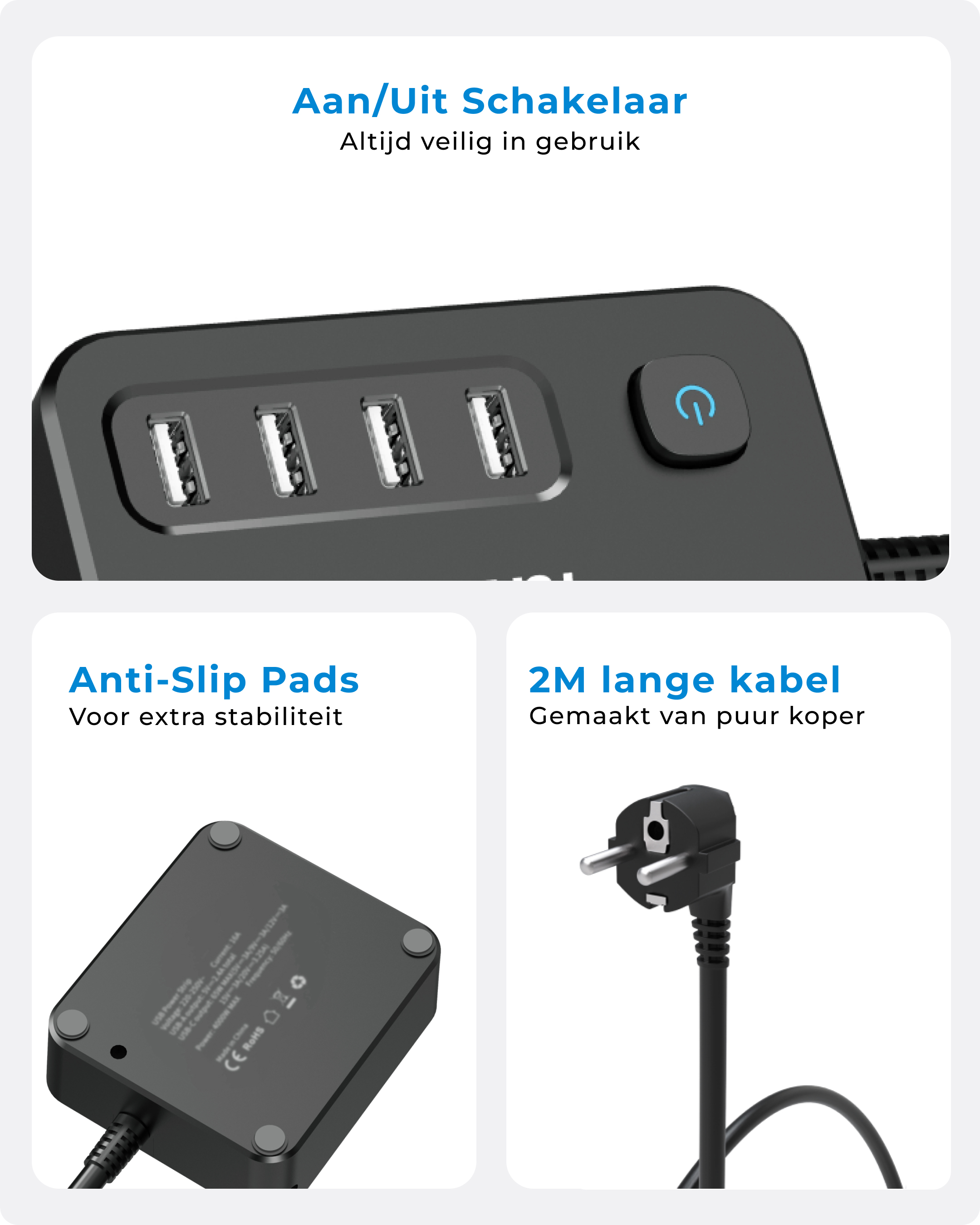 Czarna listwa zasilająca z 4 portami USB, przyciskiem zasilania, podkładkami antypoślizgowymi i kablem 2M.