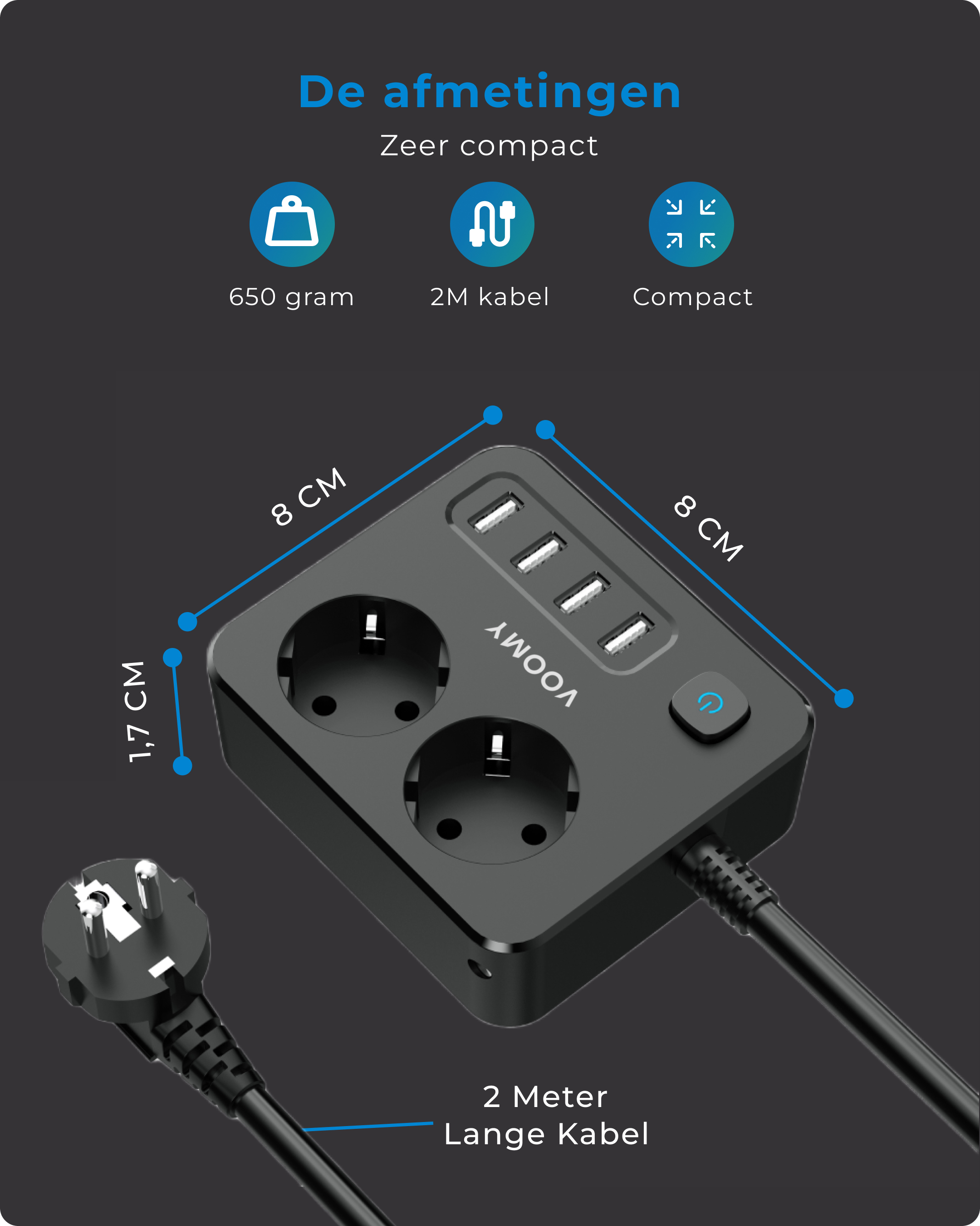 Czarna listwa zasilająca z dwoma gniazdami, czterema portami USB i przyciskiem zasilania. Pokazano wtyczkę i kabel.