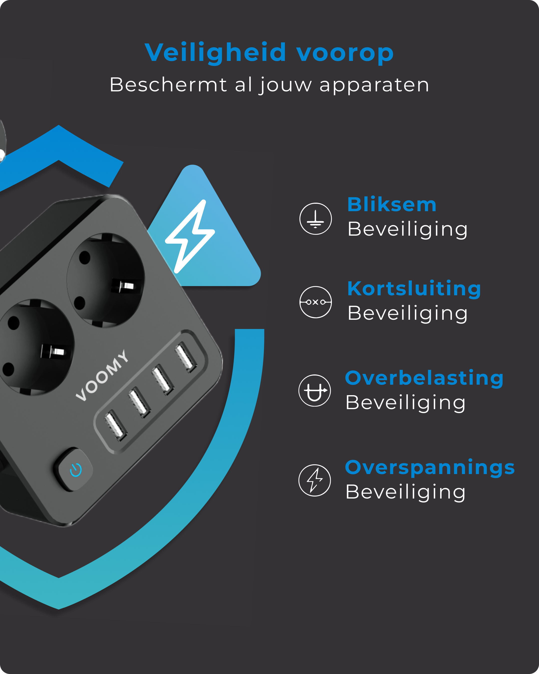 Czarny przedłużacz z portami USB, z tekstem o funkcjach ochronnych i niebieskimi elementami.