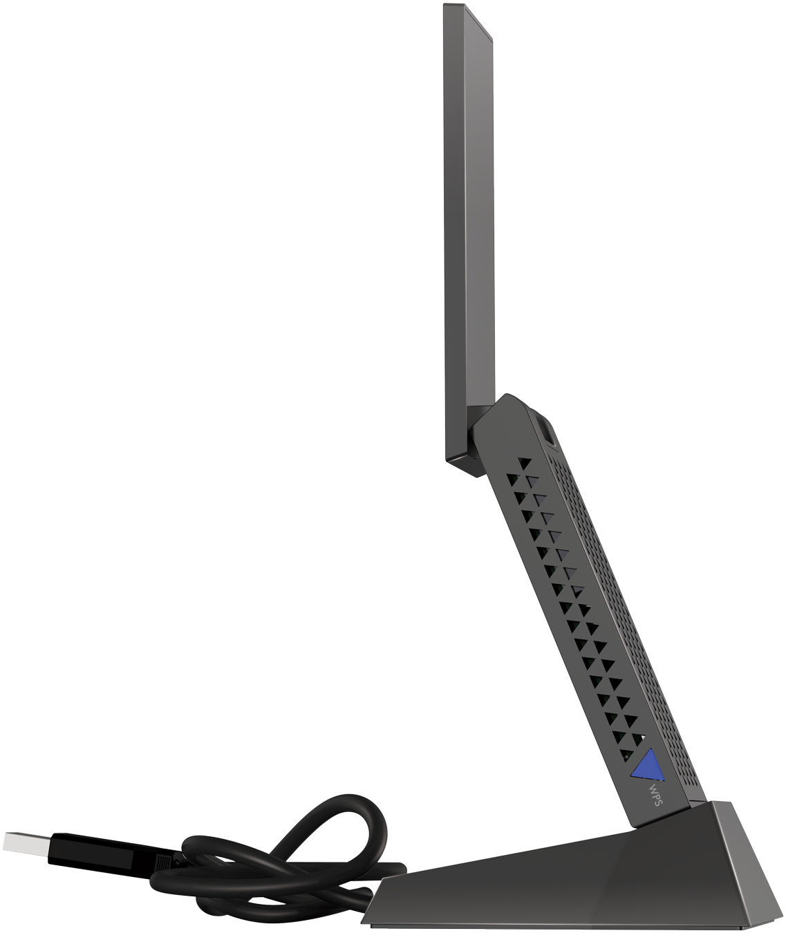 Ein schwarzer WLAN-Extender mit USB-Kabel. Es hat eine hohe Antenne und einen Sockel. Der Hintergrund ist weiß.
