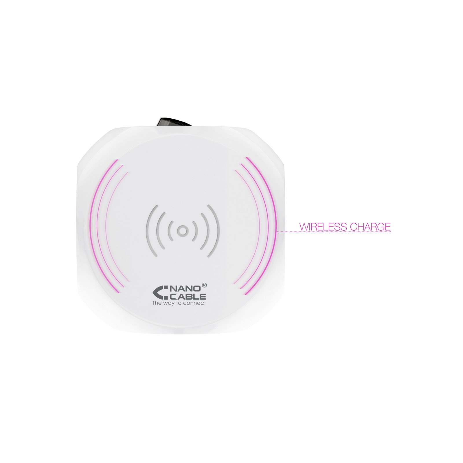Cargador inalámbrico blanco con detalles rosas, un logotipo y el texto 'WIRELESS CHARGE'.